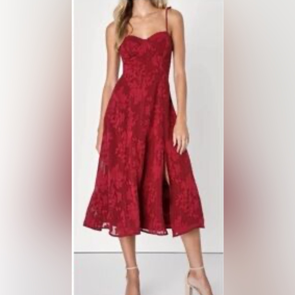Lulu's Burgundy Lace Midi Dress with Sweetheart Neckline